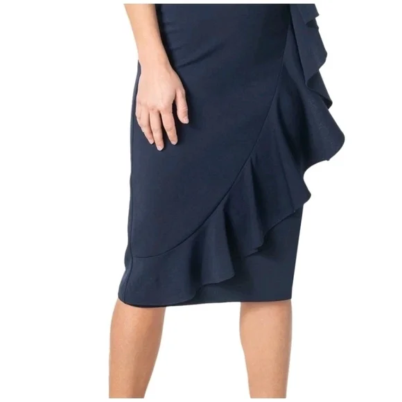 NWOT Dress The Population Liv Womens (L) Navy Blue Ruffled Strapless Midi Dress - Picture 4 of 13